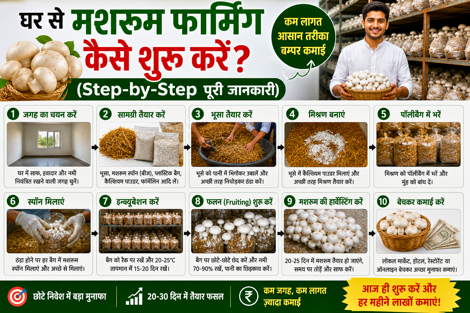 मशरुम फार्मिंग से कमाए लाखो रूपये महीना 