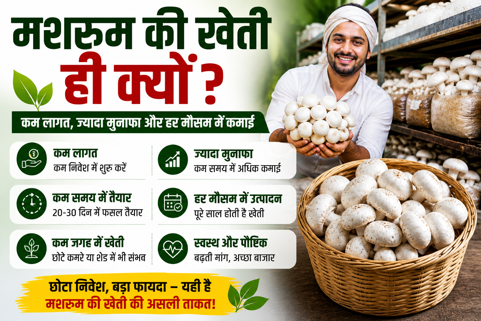 मशरुम फार्मिंग से कमाए लाखो रूपये महीना 
