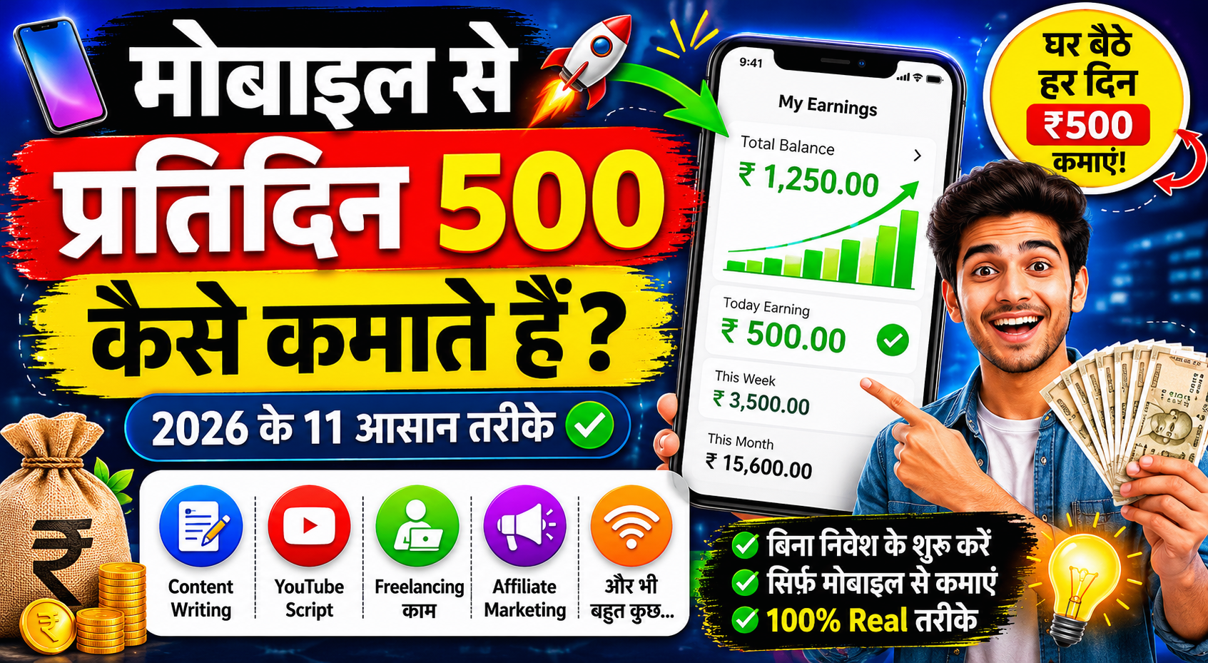 मोबाइल से प्रतिदिन 500 कैसे कमाते हैं? 2026 में घर बैठे कमाई के 11 शानदार तरीके